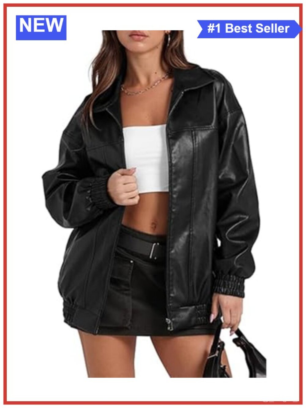 Faux Leather Jacket Long Sleeve Zip Up Loose Fit Bomber Coat Outerwear